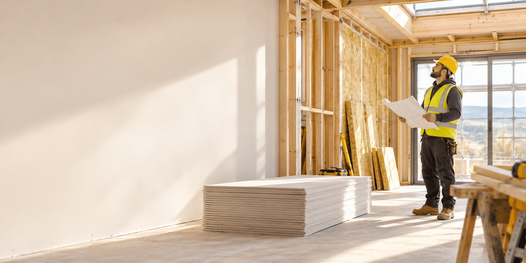Illustrative construction scene with a builder, plasterboard and timber framing